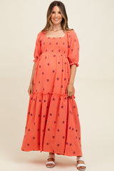 Umstands-Maxikleid mit Blumenmuster, Smok-Bund und Puffärmeln