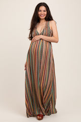 Mehrfarbig bedrucktes Umstands-Maxikleid mit Neckholder, Rückenbindung und Cut-out