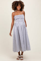 Schwarzes gestreiftes Umstands-Midikleid mit Smok