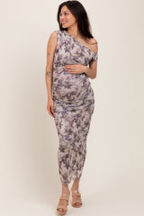Lila Umstands-Midikleid mit Blumenmuster, Raffung und One-Shoulder-Ausschnitt