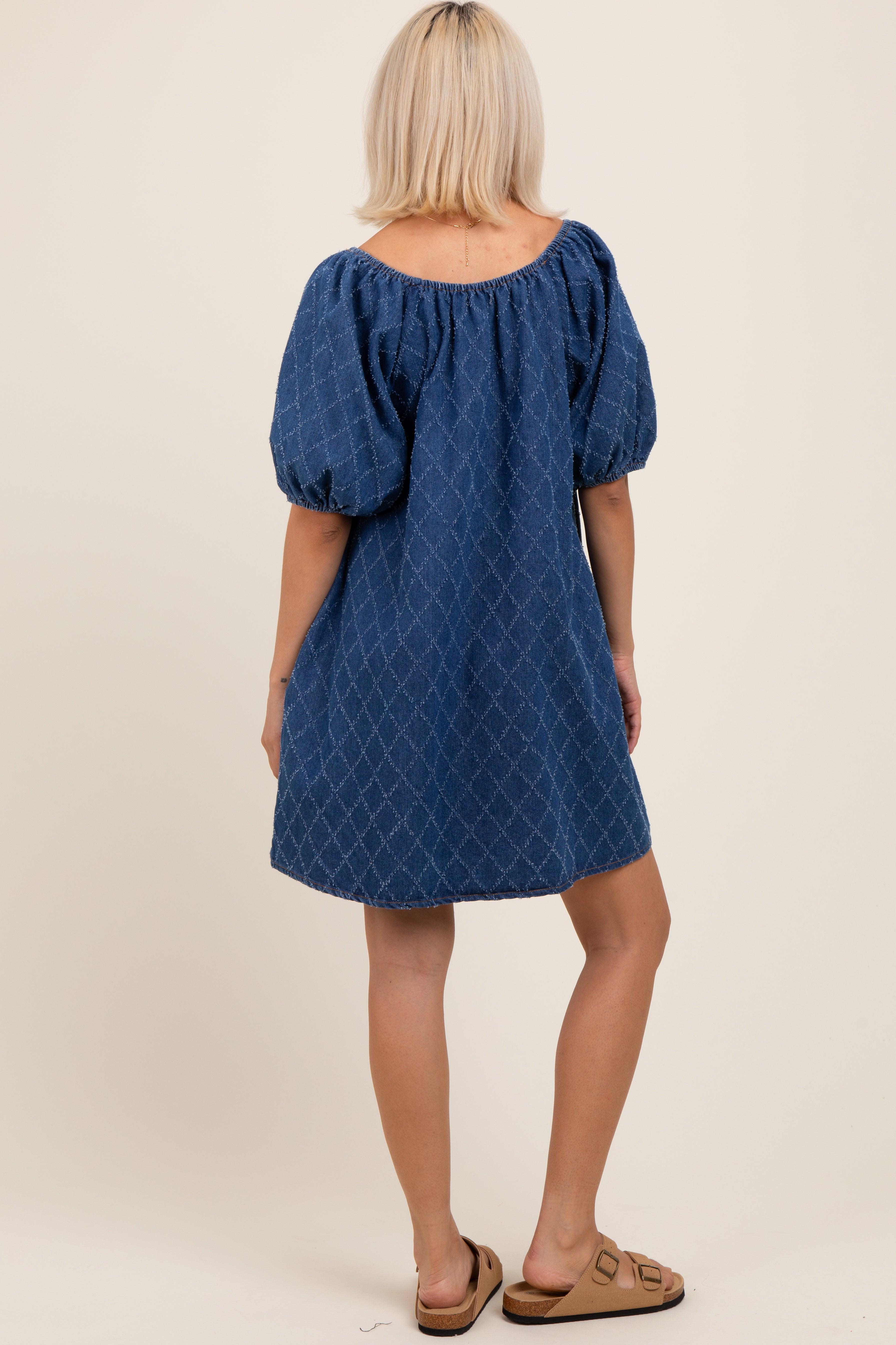 Marineblaues Chambray-Umstands-Minikleid mit Jacquard und Puffärmeln