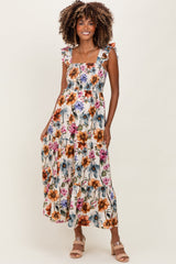 Mehrfarbiges florales Umstands-Maxikleid mit Smok-Einsatz und Stufenrock