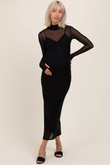Schwarzes Umstands-Maxikleid mit Mesh-Overlay und langen Ärmeln