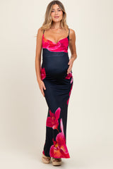 Schwarzes ärmelloses Umstands-Maxikleid mit Blumenmuster