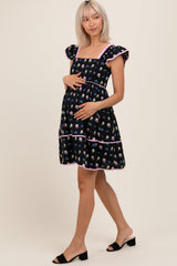 Schwarzes Umstands-Minikleid mit Blumenmuster und Rüschenträgern