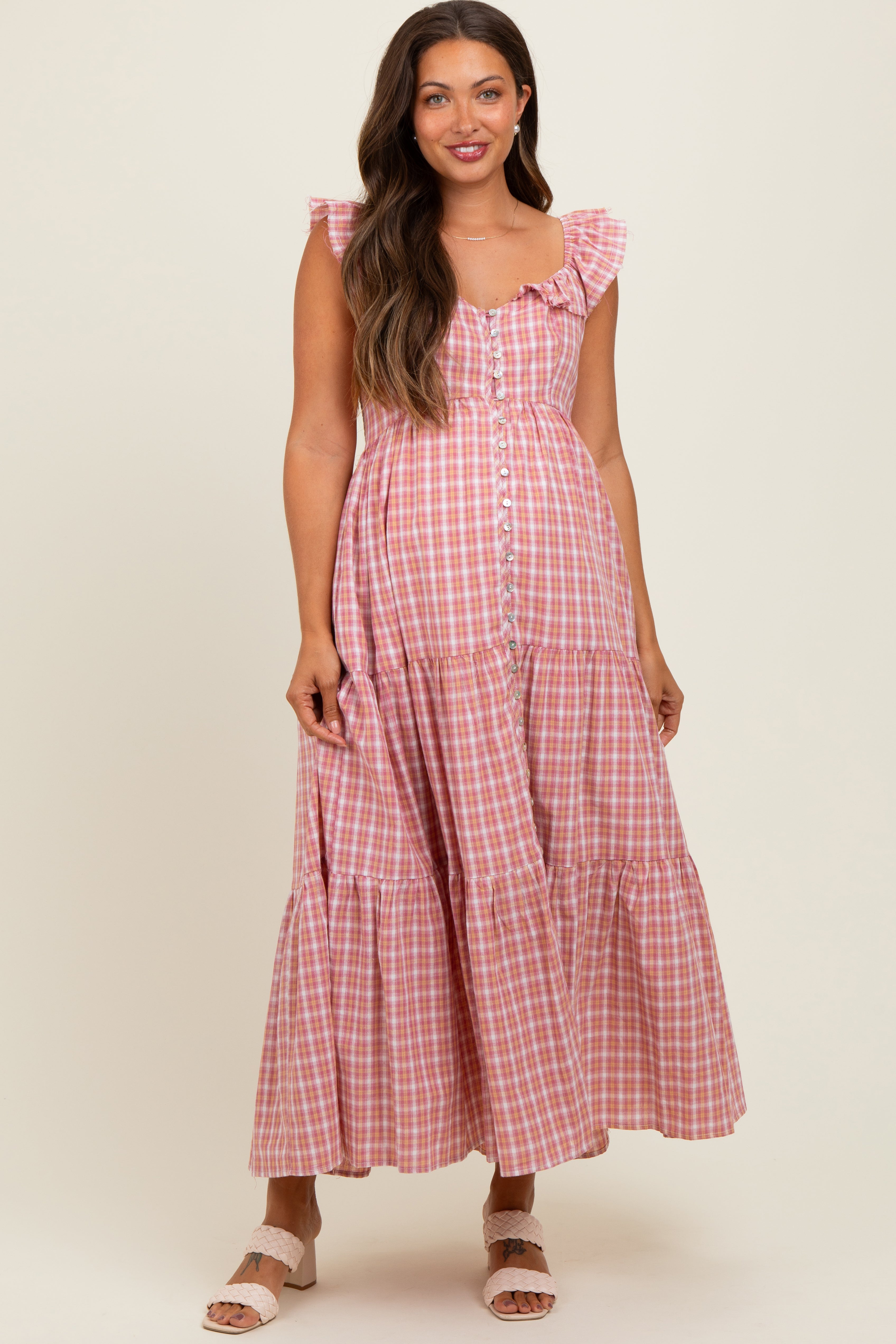 Mauvefarbenes Umstands-Maxikleid aus Baumwolle mit Karomuster