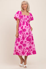 Umstands-Midikleid mit Blumenmuster, Smok-Detail und Puffärmeln