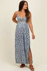 Blaues Umstands-Maxikleid mit Blumenmuster, V-Ausschnitt, Twist-Front und Keyhole-Detail