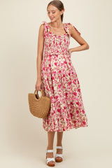 Rosa Umstands-Midikleid mit Blumenmuster, Smok-Oberteil und Rüschen-Spitzenbesatz