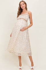 Gelbes Umstands-Maxikleid mit Garten-Blumendruck und Smok-Detail