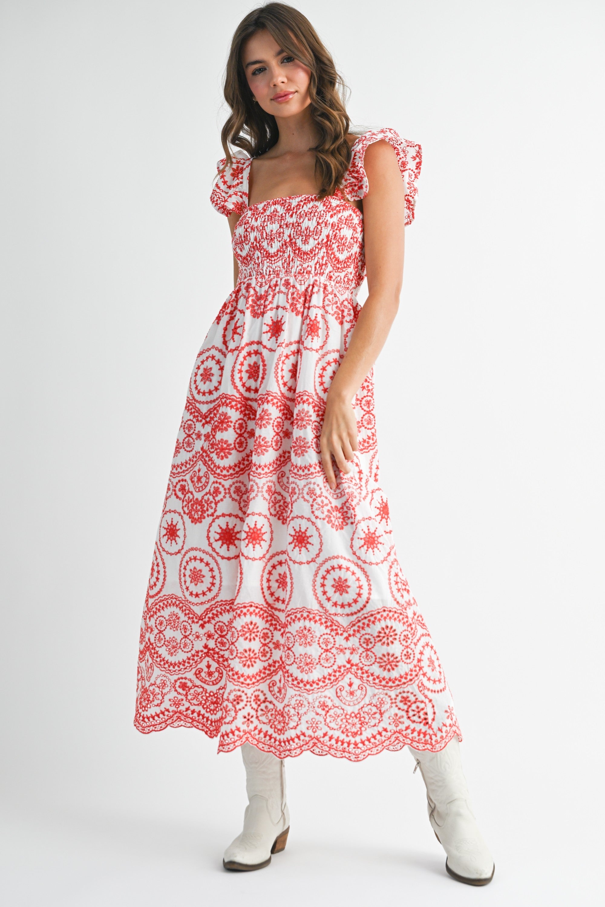 Besticktes Umstands-Midikleid mit Smok-Detail und Cut-out in Rot