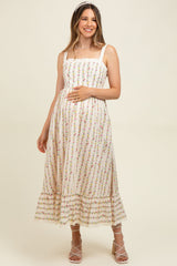 Geblümtes Umstands-Maxikleid aus strukturierter Baumwolle mit Spitzenbesatz in Creme