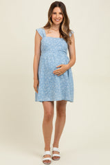 Geblümtes Umstands-Minikleid aus Chambray in Hellblau