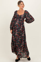 Schwarzes florales Umstands-Maxikleid mit Ballonärmeln und Herzausschnitt