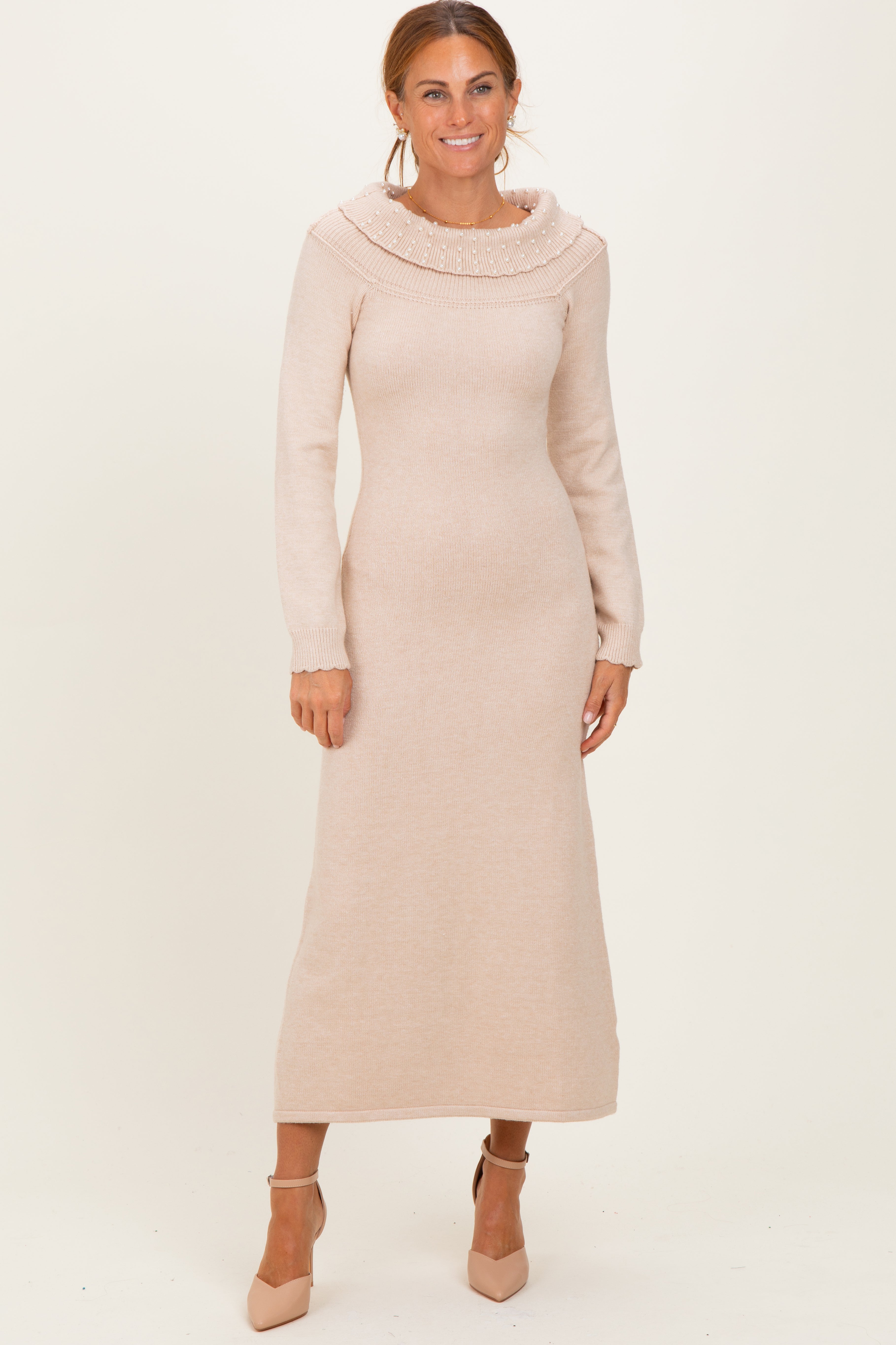 Schulterfreies Umstands-Pulloverkleid mit Kunstperlen-Detail