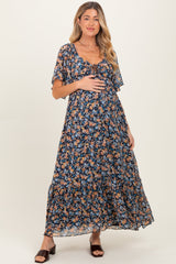 Marineblaues florales Umstands-Maxikleid mit Herzausschnitt und Flatterärmeln