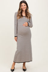 Schwarzes gestreiftes Umstands-Maxikleid mit Cut-outs und langen Ärmeln