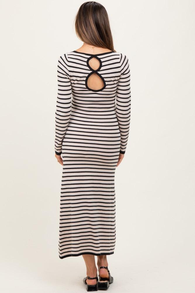 Schwarzes gestreiftes Umstands-Maxikleid mit Cut-outs und langen Ärmeln