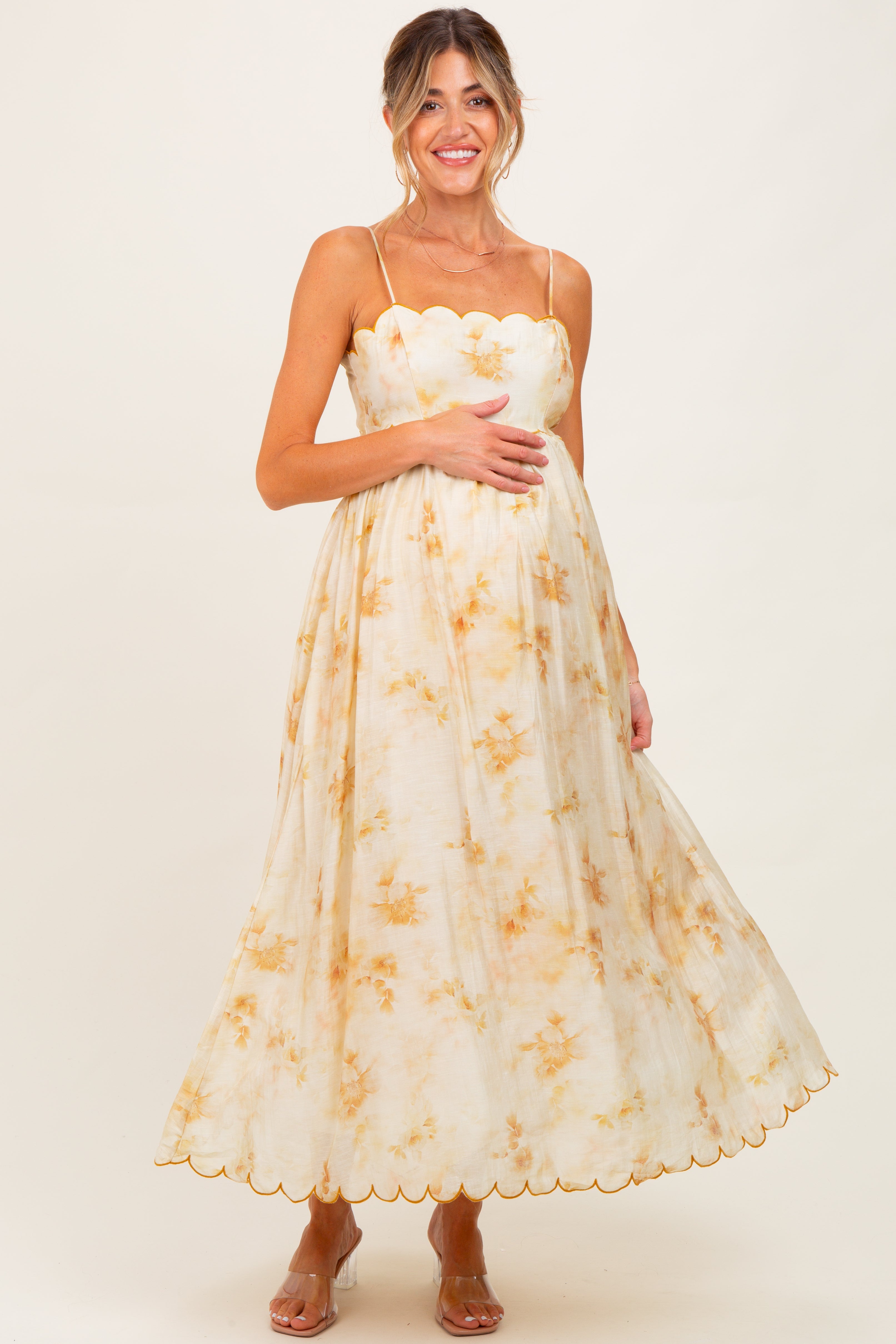 Umstands-Midikleid mit verblasstem Blumenmuster, Muschelsaum und Cut-out