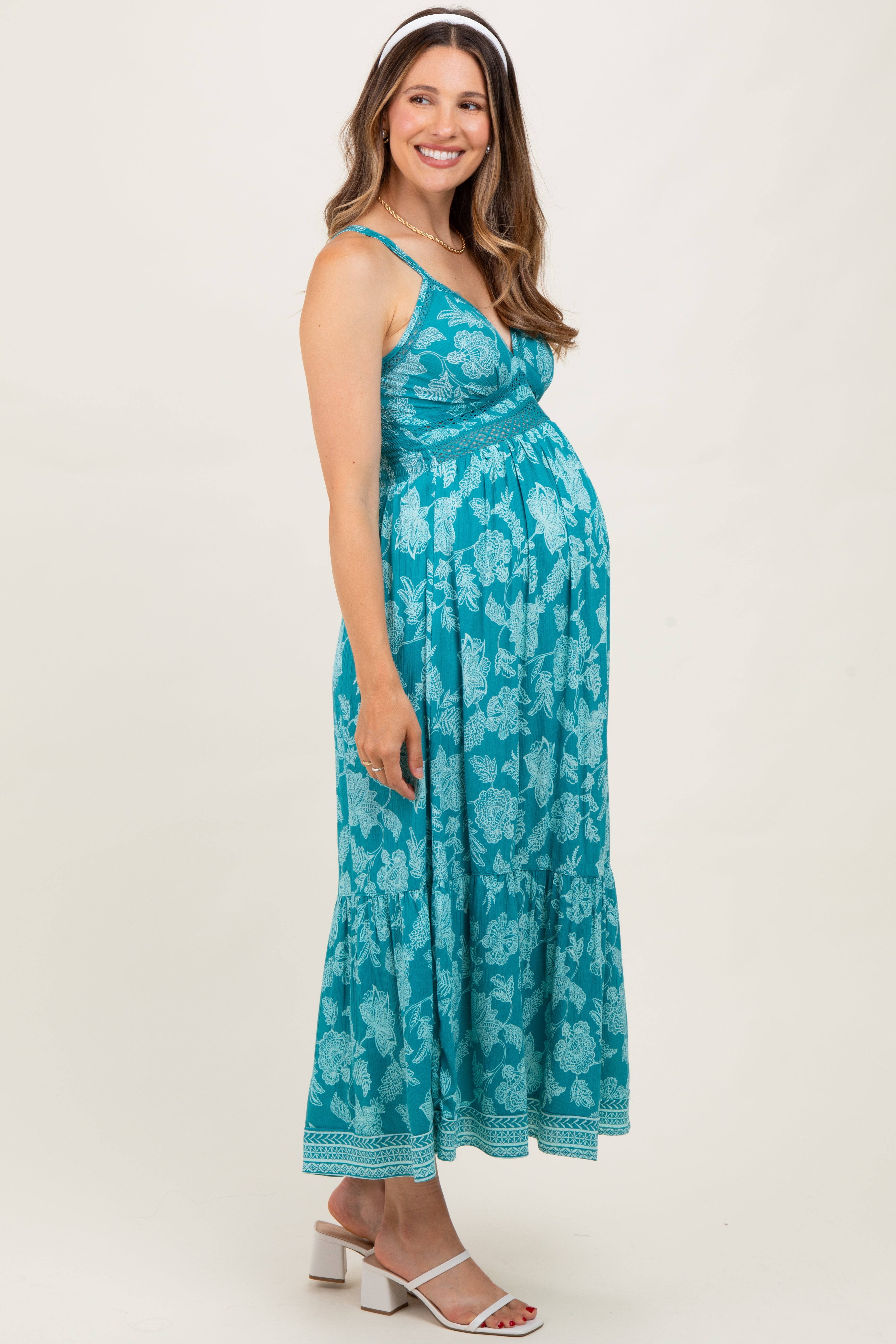 Petrolfarbenes Umstands-Maxikleid mit Blumenmuster, V-Ausschnitt und Spitzenbesatz