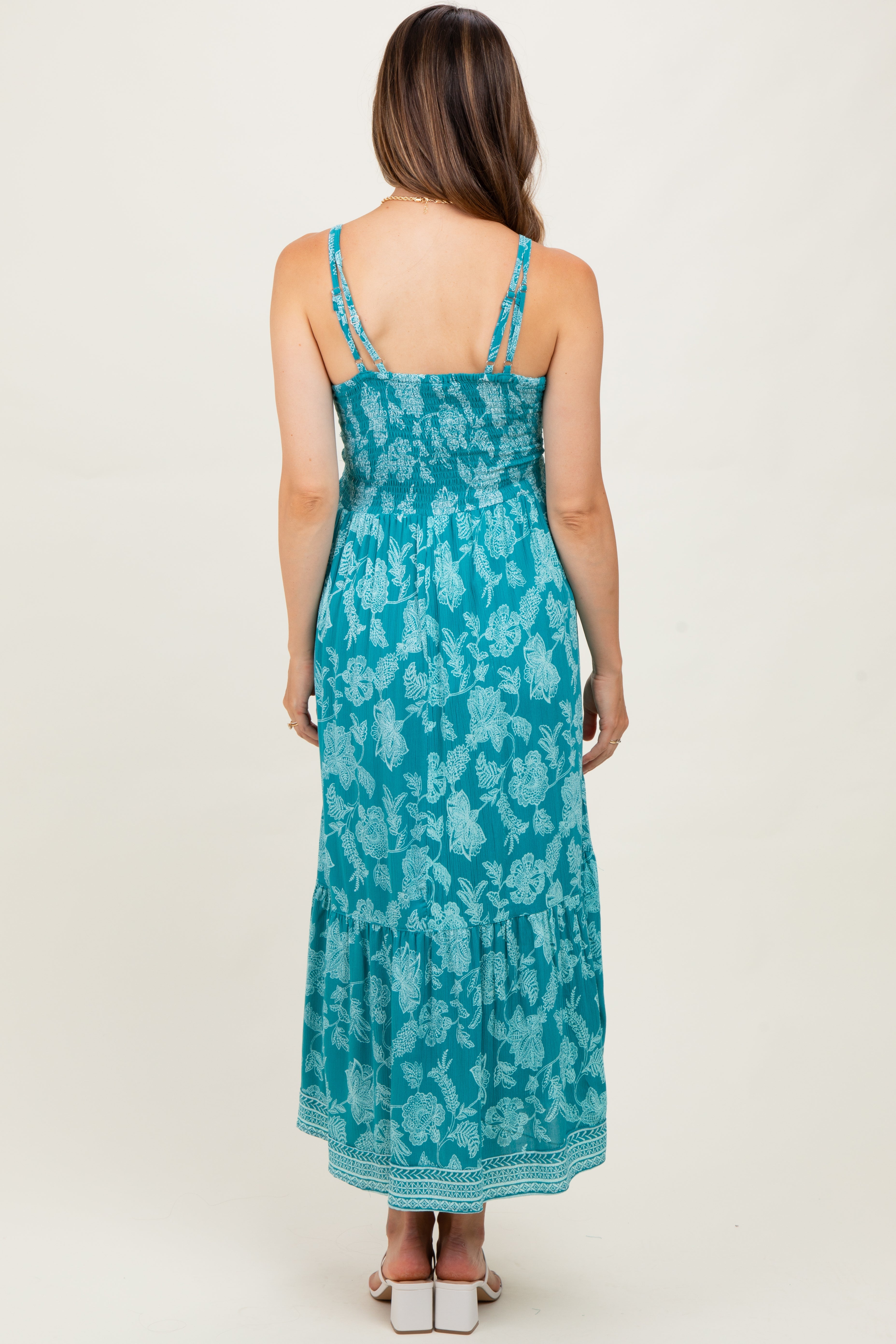 Petrolfarbenes Umstands-Maxikleid mit Blumenmuster, V-Ausschnitt und Spitzenbesatz