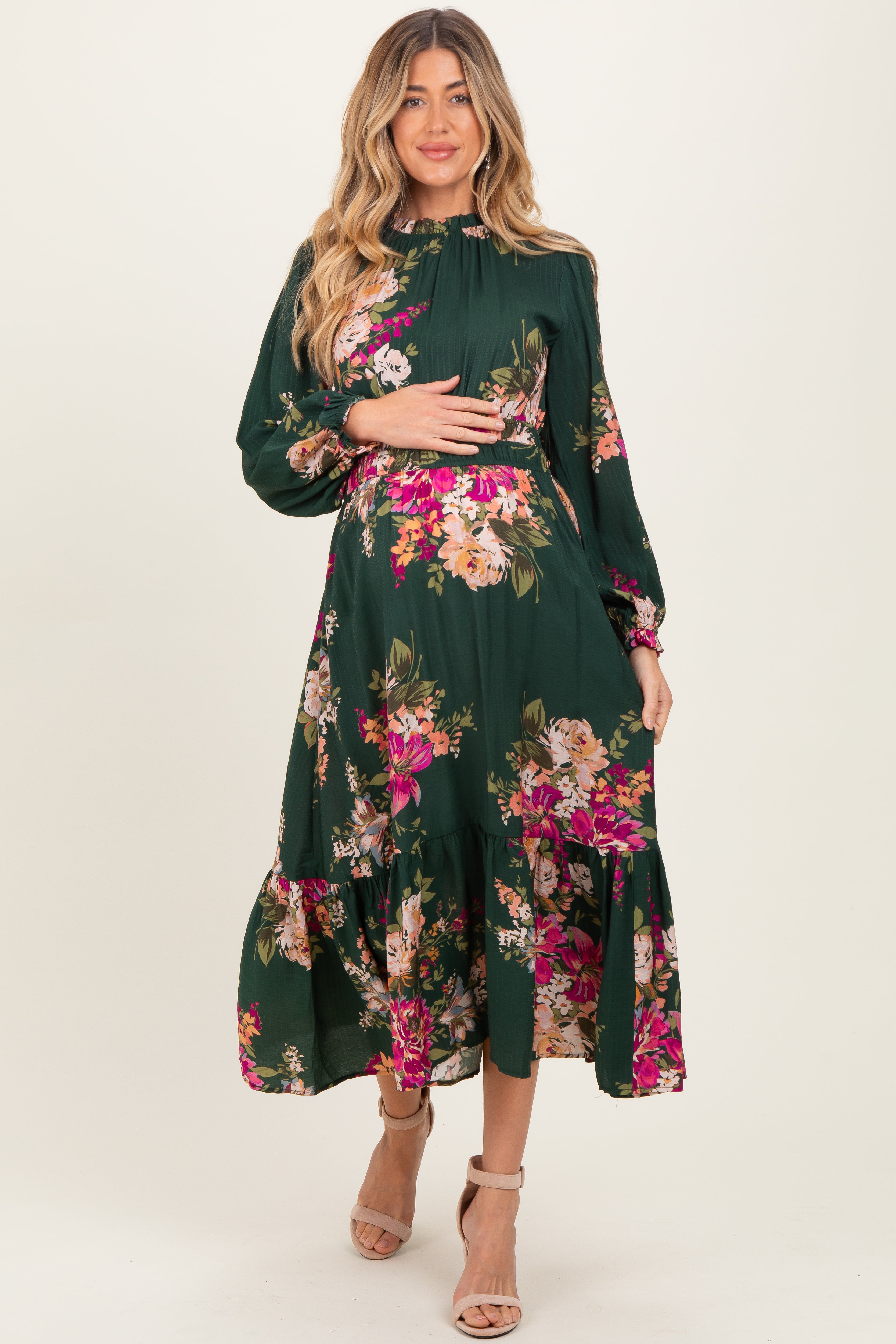 Waldgrünes florales Umstands-Midikleid mit langen Ärmeln
