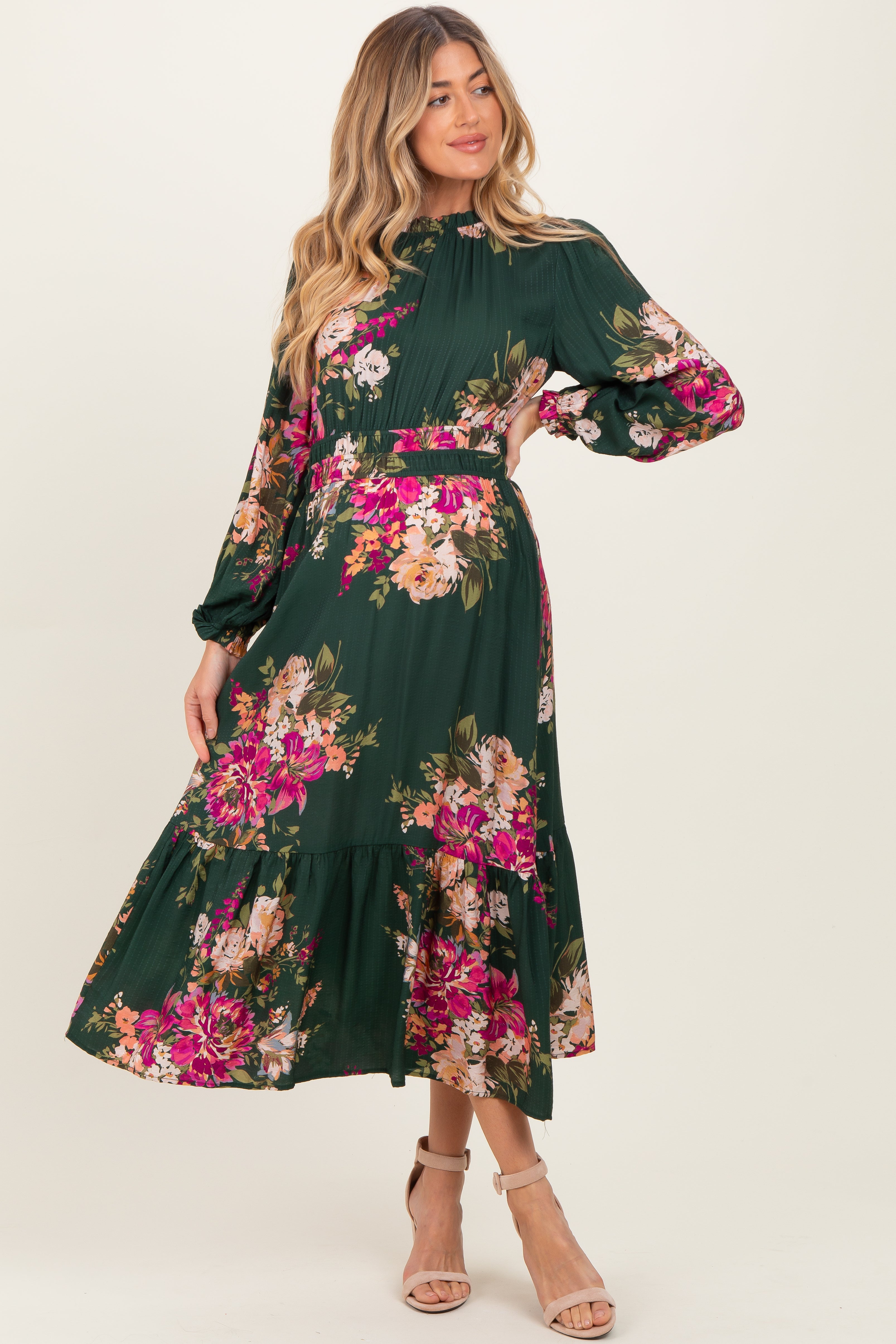 Waldgrünes florales Umstands-Midikleid mit langen Ärmeln