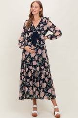 Marineblaues Umstands-Maxikleid aus Chiffon mit Blumenmuster und Schleifenbindung