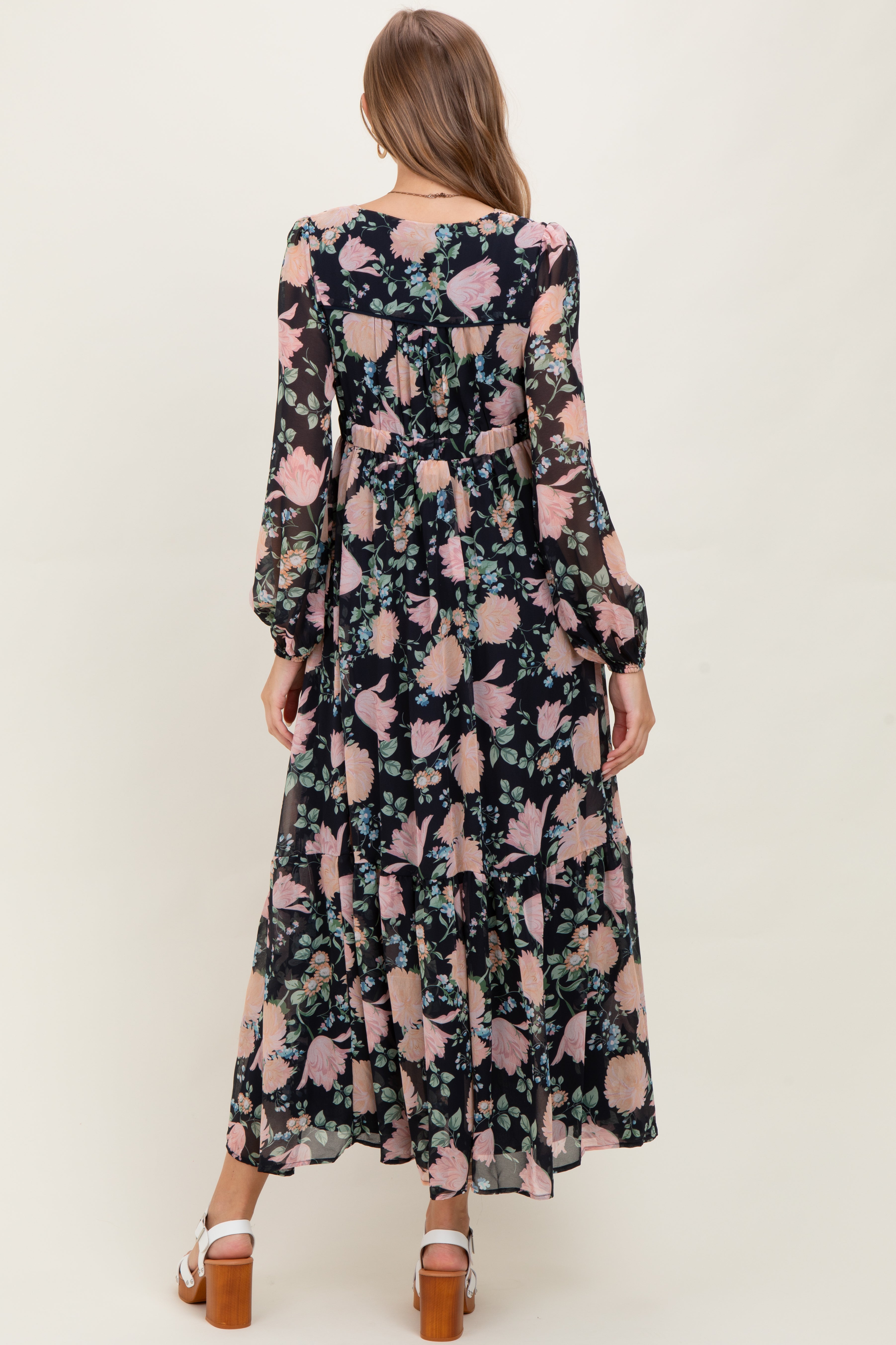 Marineblaues Umstands-Maxikleid aus Chiffon mit Blumenmuster und Schleifenbindung