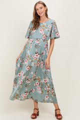 Hellolivfarbenes Umstands-Maxikleid mit Blumenmuster und Flatterärmeln