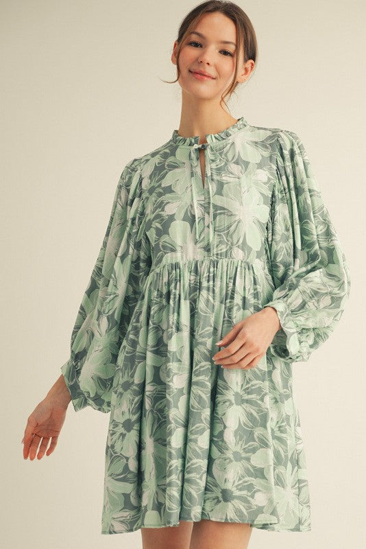 Umstands-Minikleid mit Blumenmuster, Bindeausschnitt und Ballonärmeln