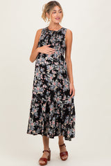 Schwarzes ärmelloses Umstands-Maxikleid mit Blumenmuster, Smok-Oberteil und Stufenrock