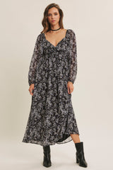 Schwarzes Umstands-Midikleid aus Chiffon mit Blumenmuster und Wickeloptik