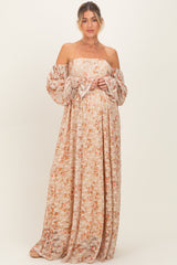 Mehrfarbiges florales Umstands-Maxikleid aus Spitze mit Smok-Einsatz, Off-Shoulder-Ausschnitt und langen Ärmeln