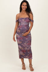 Lavendelfarbenes Umstands-Midikleid mit Blumenmuster und Raffung
