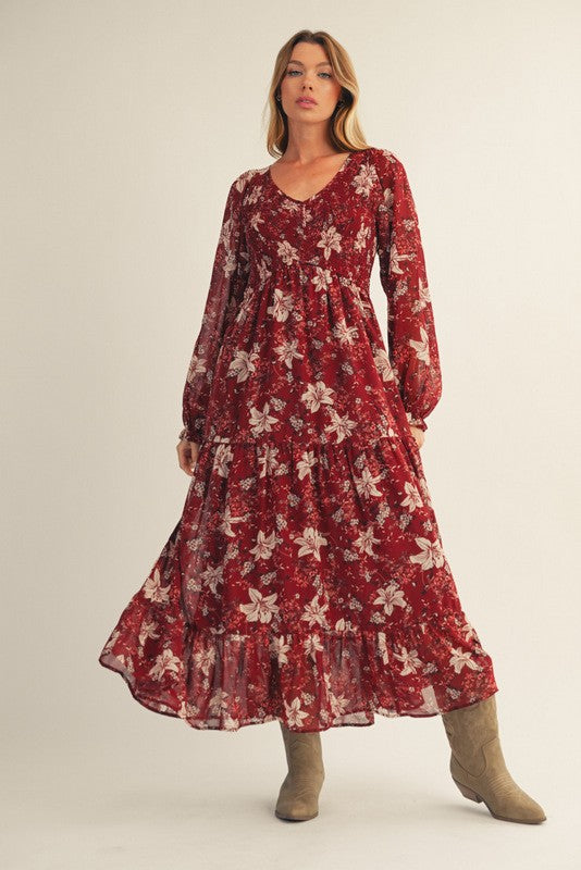 Bordeauxfarbenes Umstands-Midikleid mit Smok-Detail und Blumenmuster