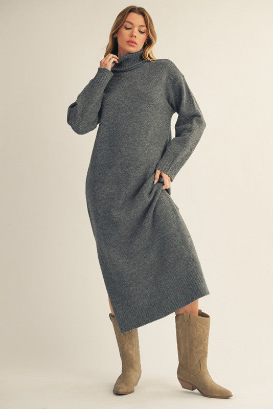 Anthrazitfarbenes Umstands-Midikleid im Rollkragen-Pullover-Stil