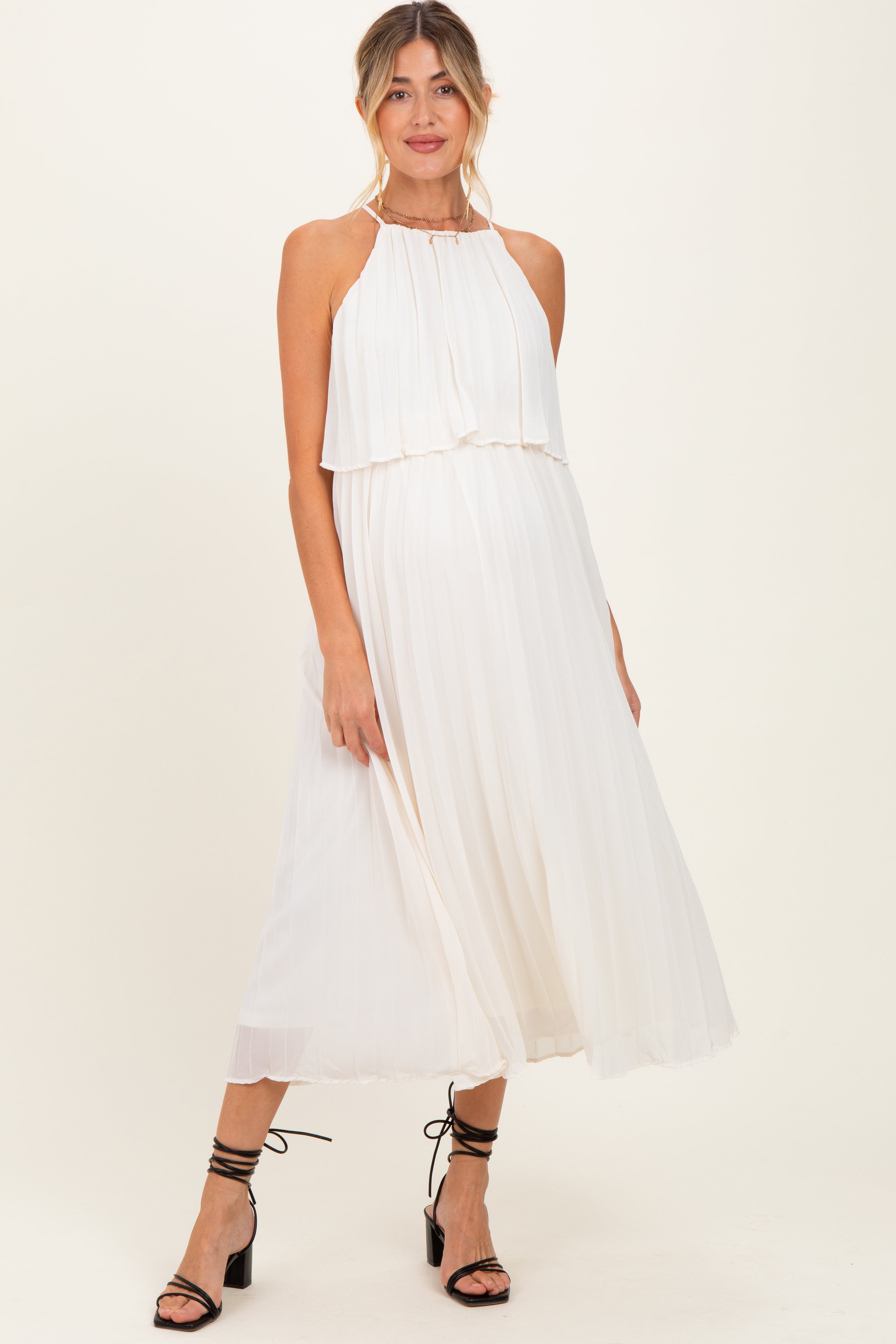 Cremefarbenes Umstands-Midikleid mit Plissee aus Webstoff