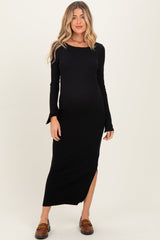 Schwarzes Umstands-Maxikleid mit tiefem Rückenausschnitt und langen Ärmeln