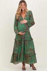 Umstands-Maxikleid aus Chiffon mit Blumenmuster, V-Ausschnitt und langen Ärmeln