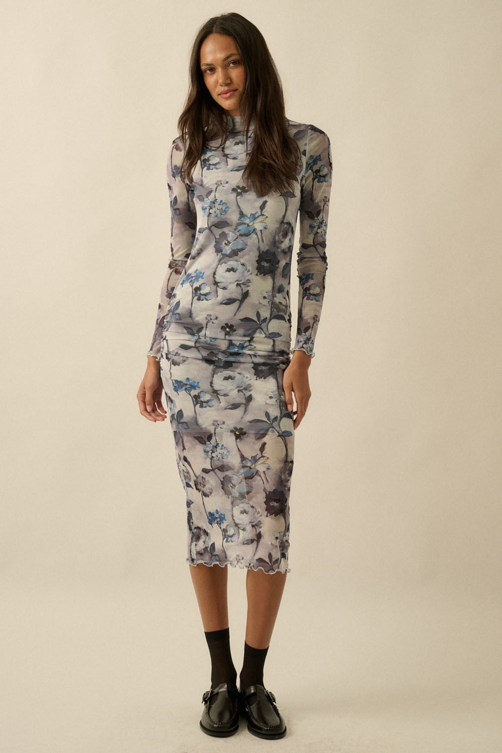 Langärmliges Umstands-Midikleid aus Mesh mit Blumenmuster in Blau