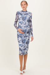 Langärmliges Umstands-Midikleid aus Mesh mit Blumenmuster in Blau