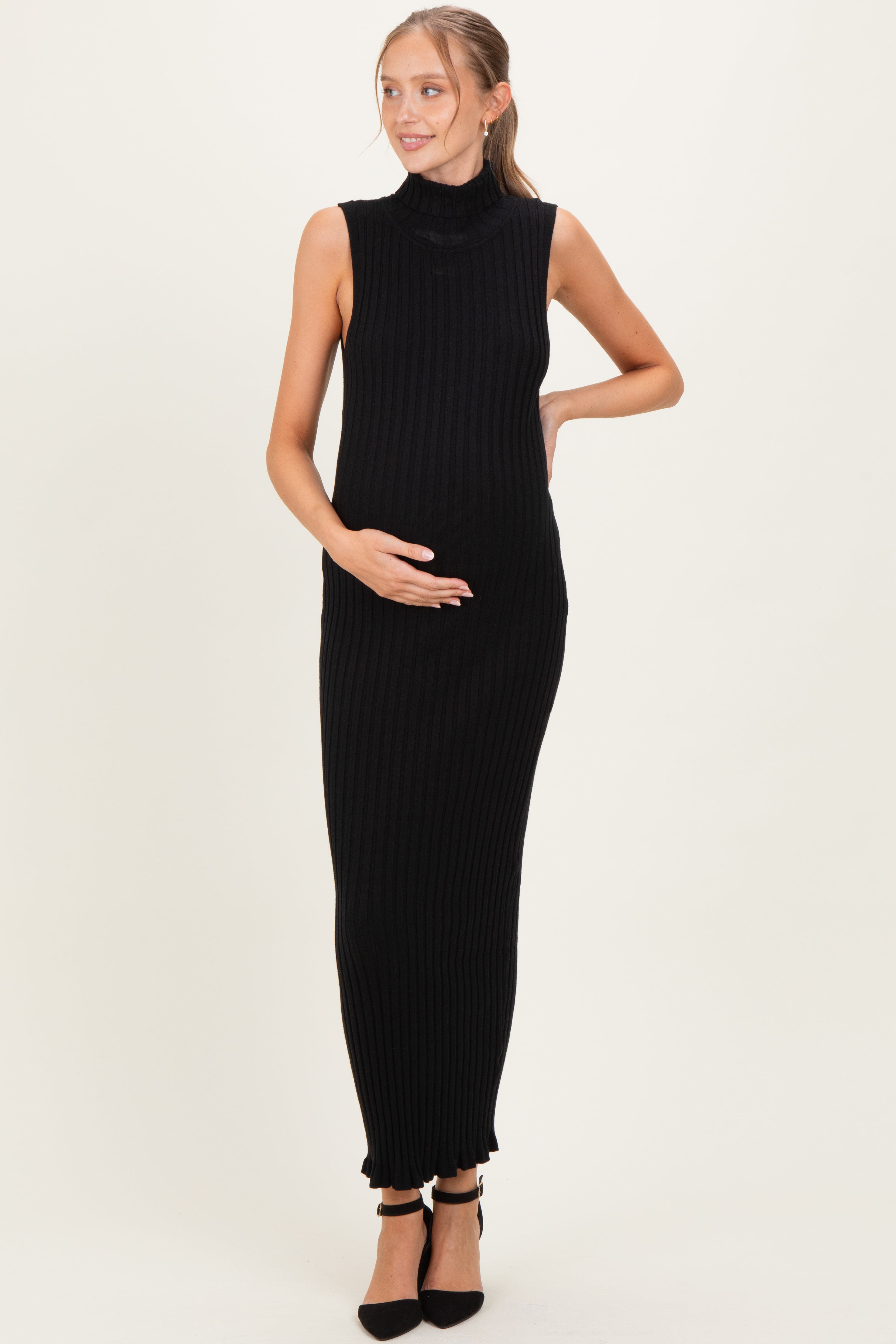 Ärmelloses Umstands-Maxikleid aus geripptem Strick mit Rollkragen in Schwarz