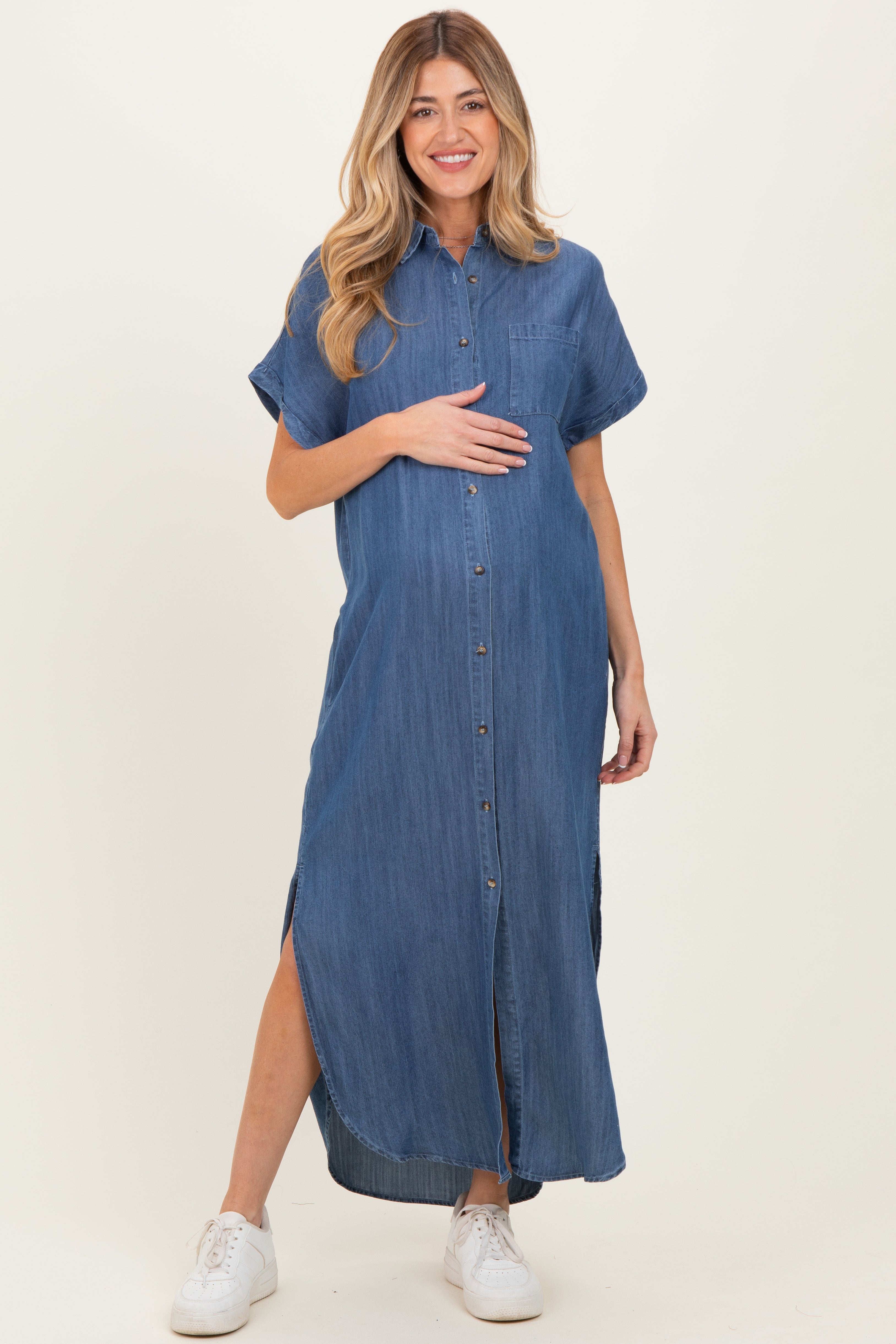 Umstands-Hemdblusenkleid aus Chambray in Blau