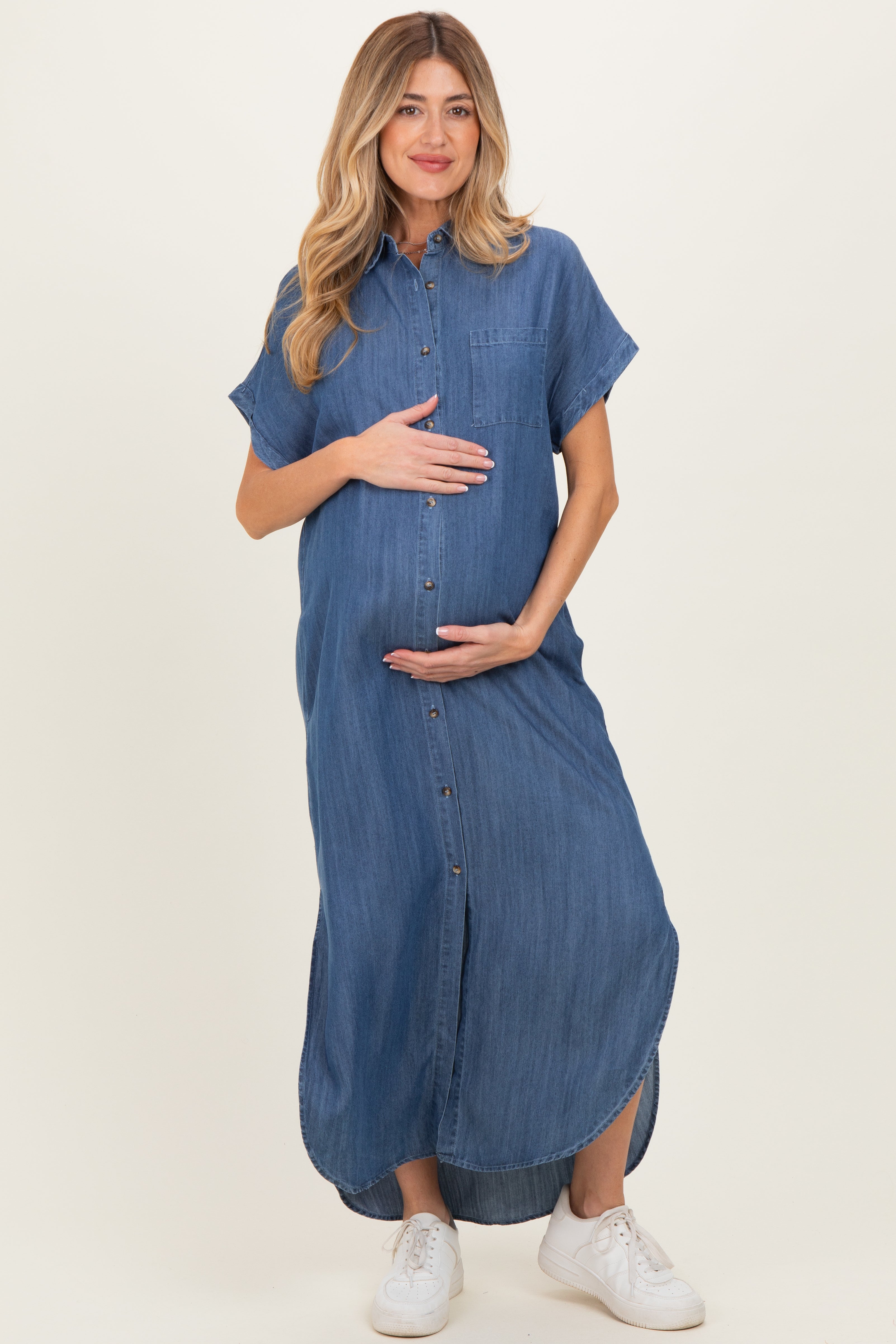 Umstands-Hemdblusenkleid aus Chambray in Blau