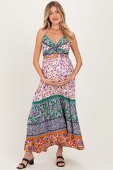 Mehrfarbiges geblümtes Umstandsmaxikleid im Colorblock-Design mit Twist-Detail und Cut-out
