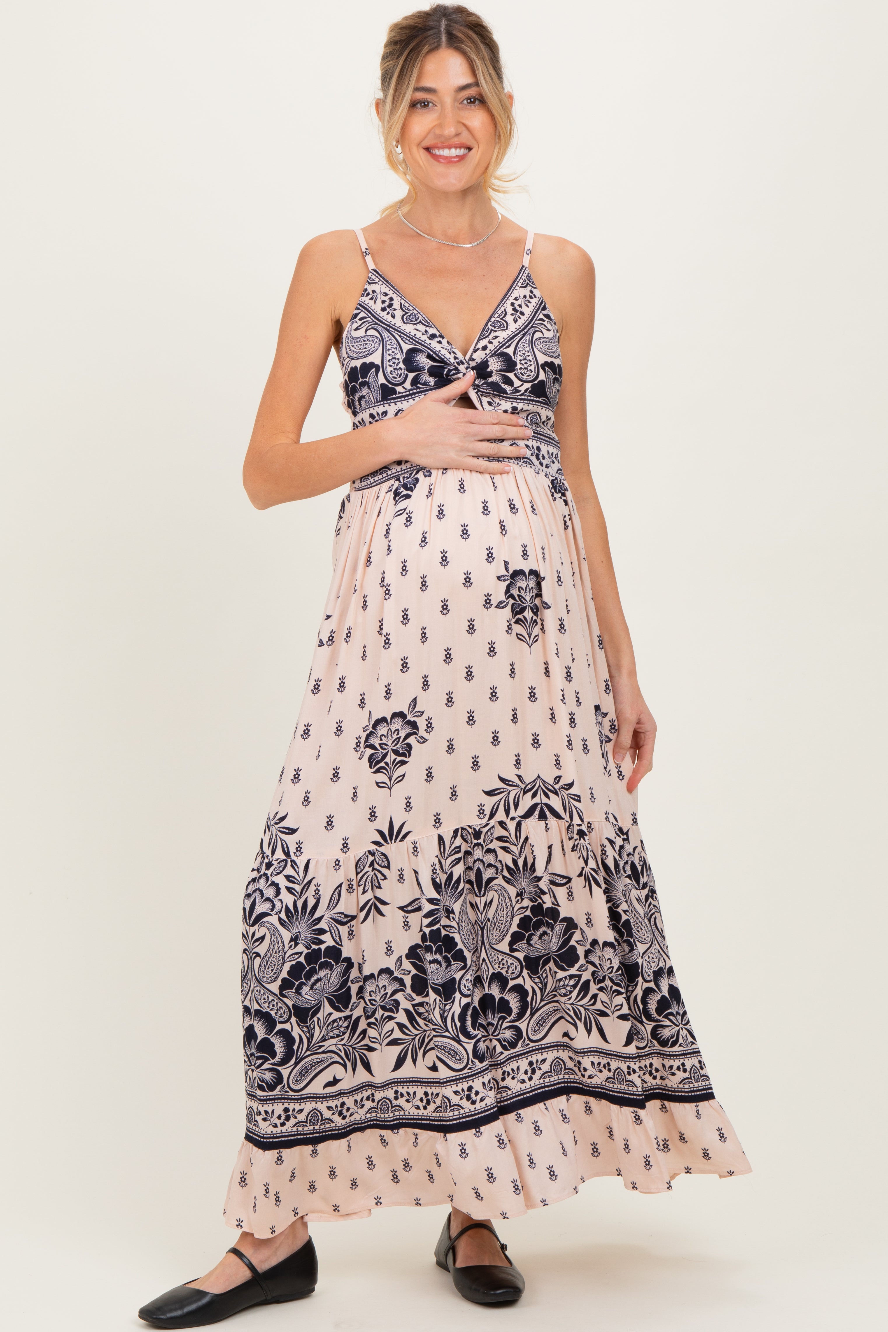 Umstands-Maxikleid mit floraler Bordüre, Twist-Front und Cut-out
