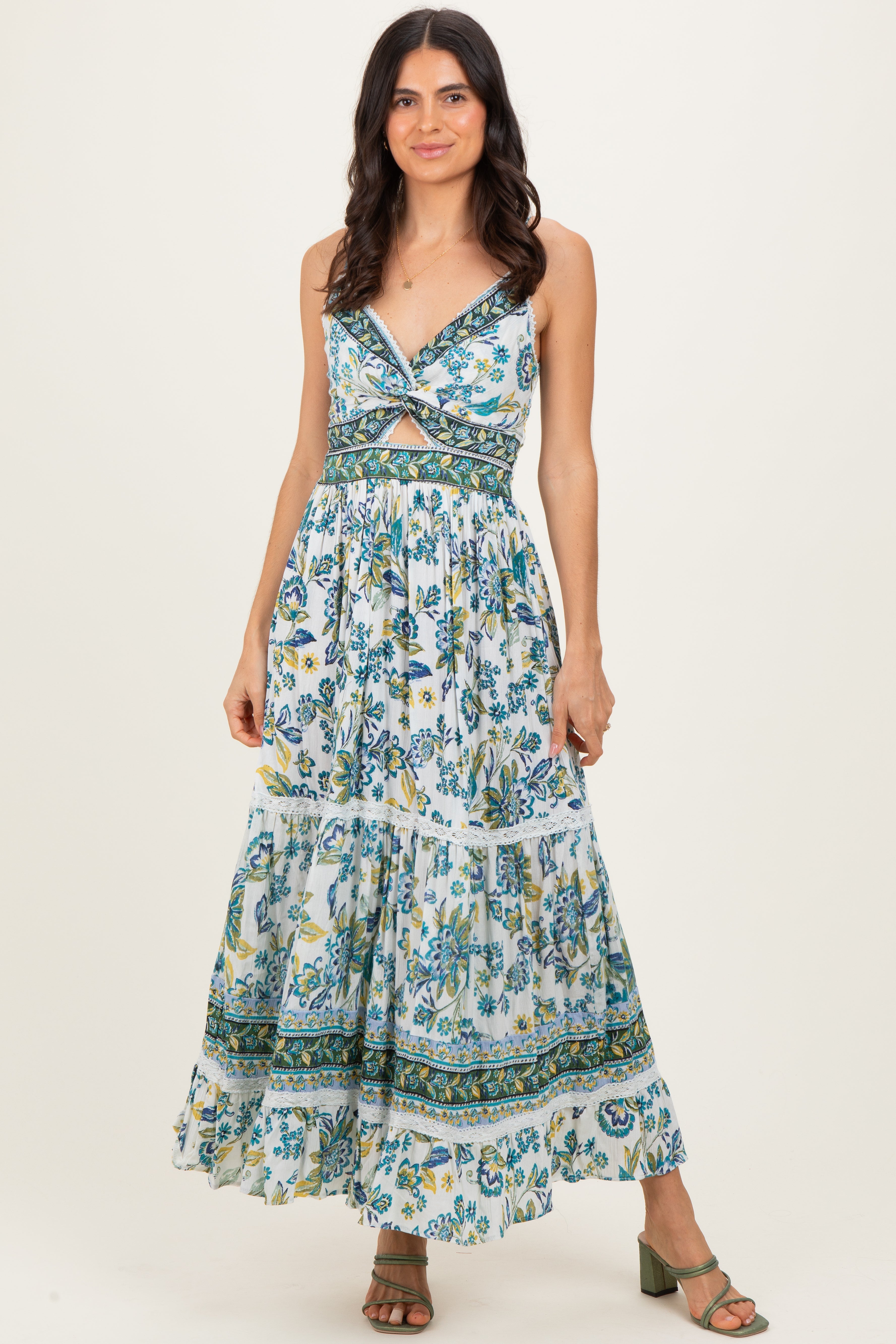 Geblümtes Umstands-Maxikleid mit gedrehter Front und Spitzendetail