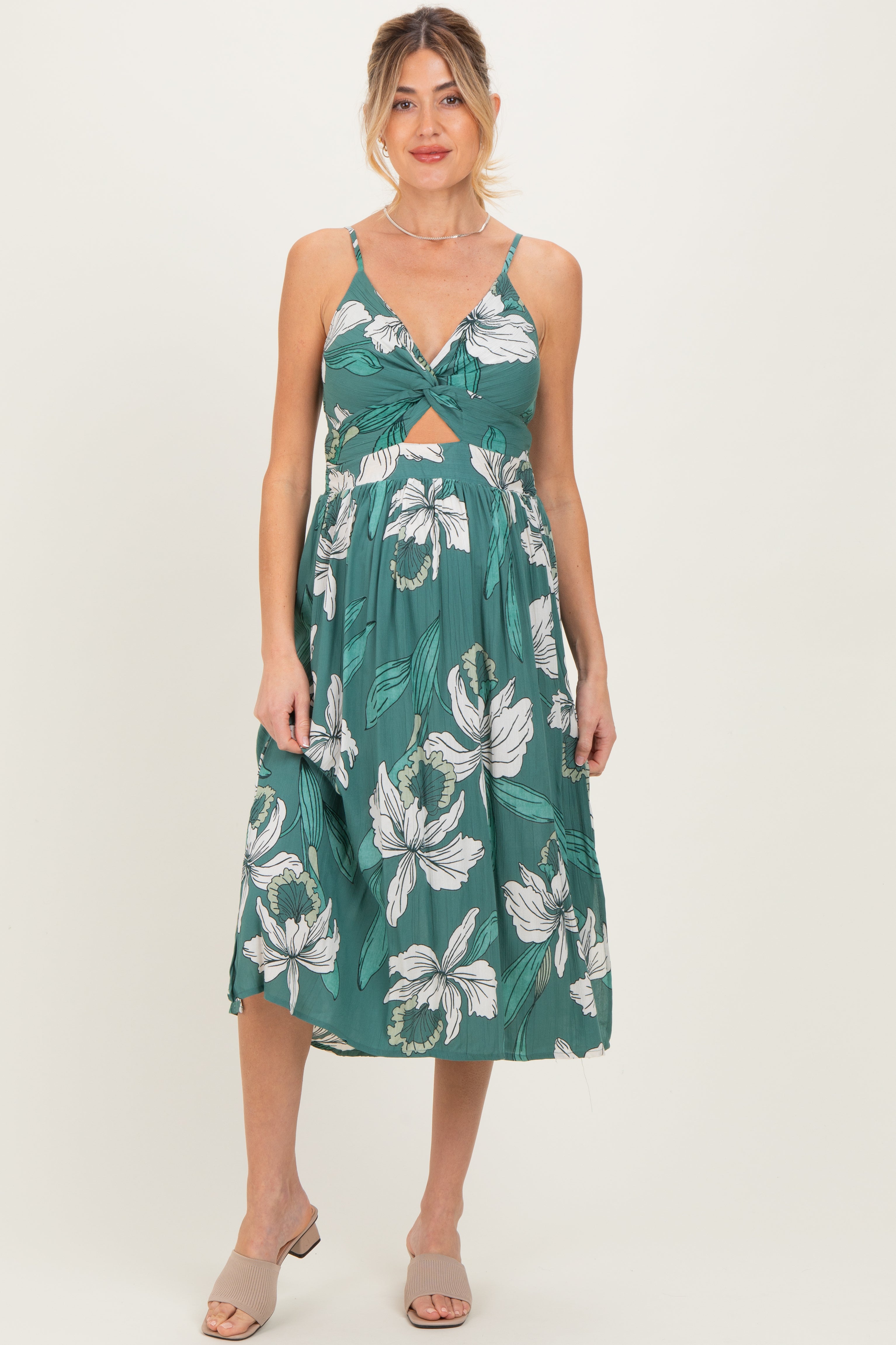 Geblümtes Umstands-Midikleid mit gedrehter Front und Cut-out