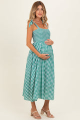 Umstands-Midikleid mit Vichy-Karo, Smok-Oberteil und Schulterbändern